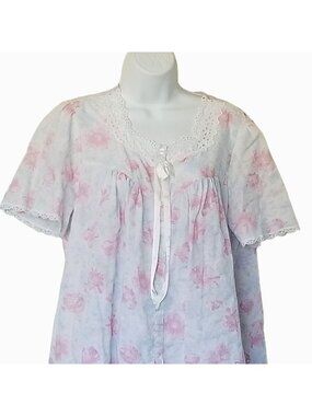 Vtg Character Cotton Blend House Dress Robe M Eyelet Pink Floral Button Knee